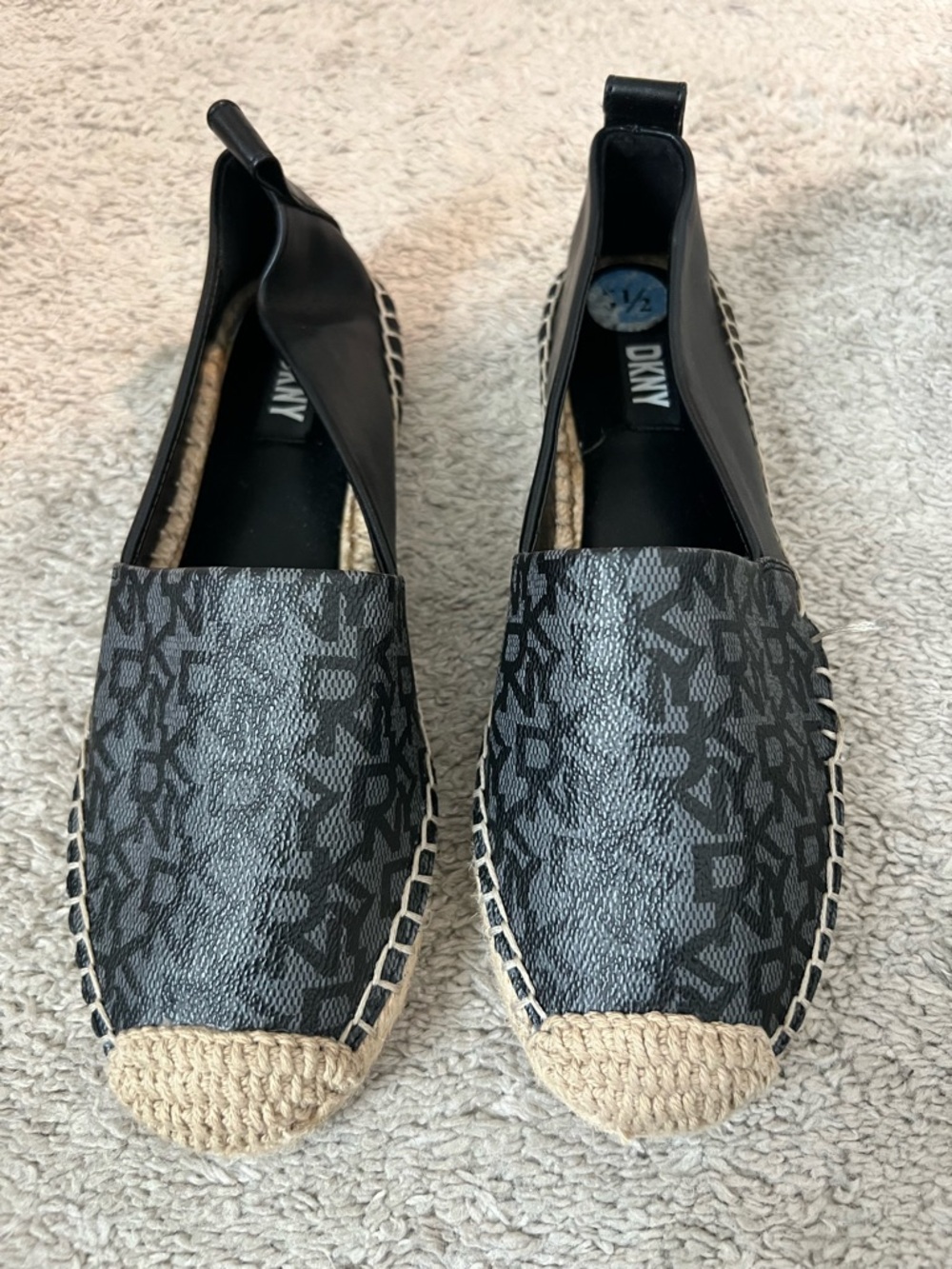 DKNY Black Logo Espadrille Slip-Ons with Natural Toe